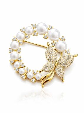 Gold Pearl & Crystal Butterfly Brooch